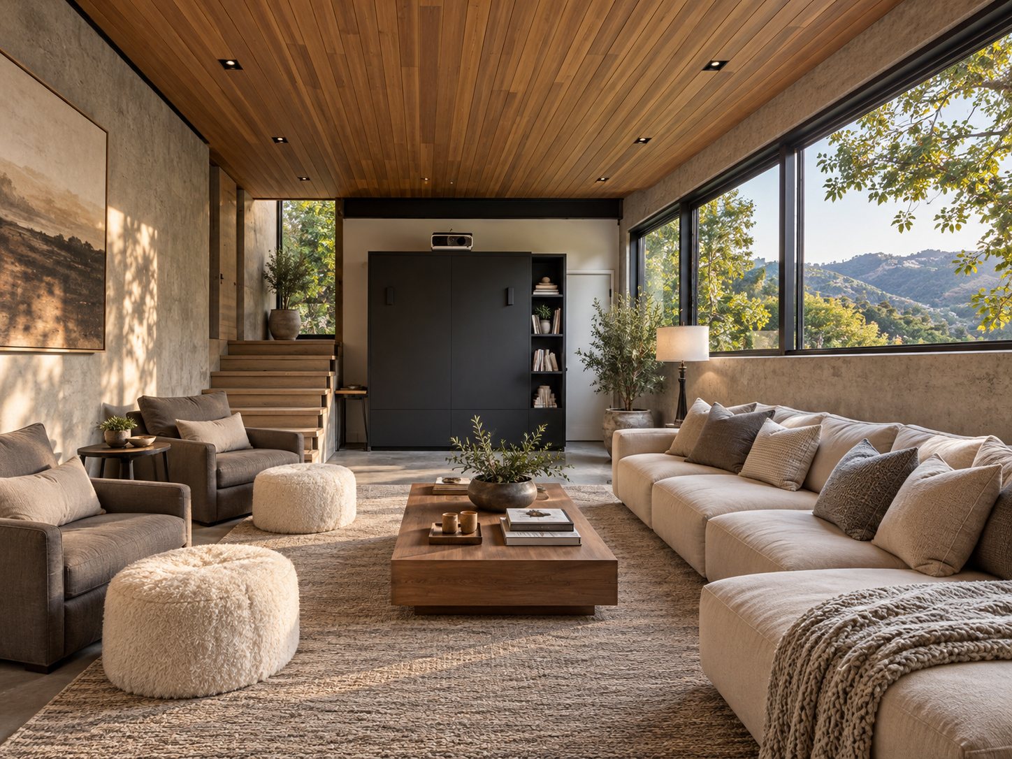 Living room with a wood ceiling and a long window wall looking out to the foothills