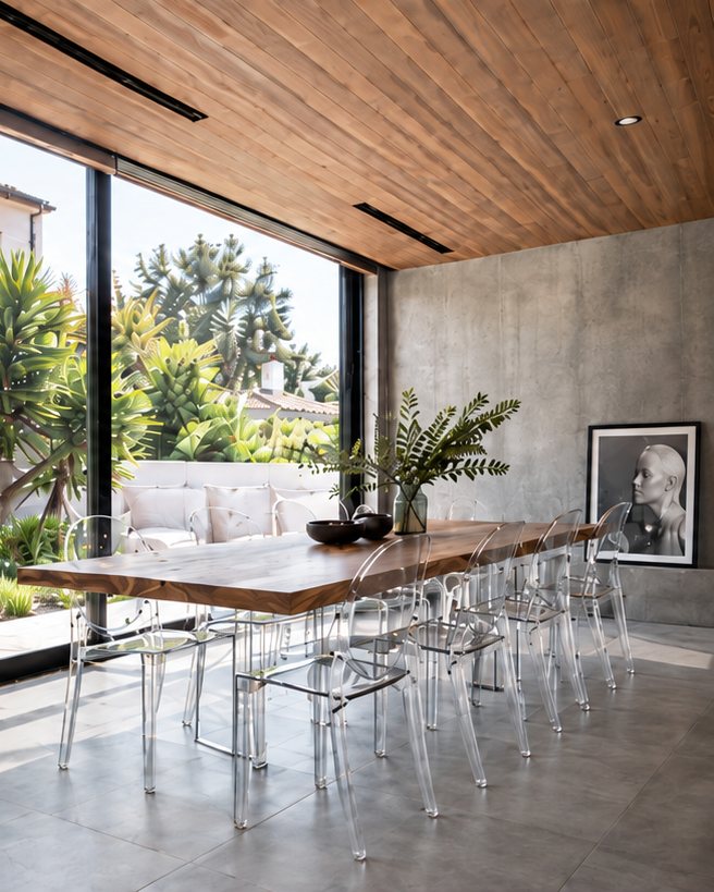 Dining room with a wood ceiling, concrete walls, and a glass wall open to the garden