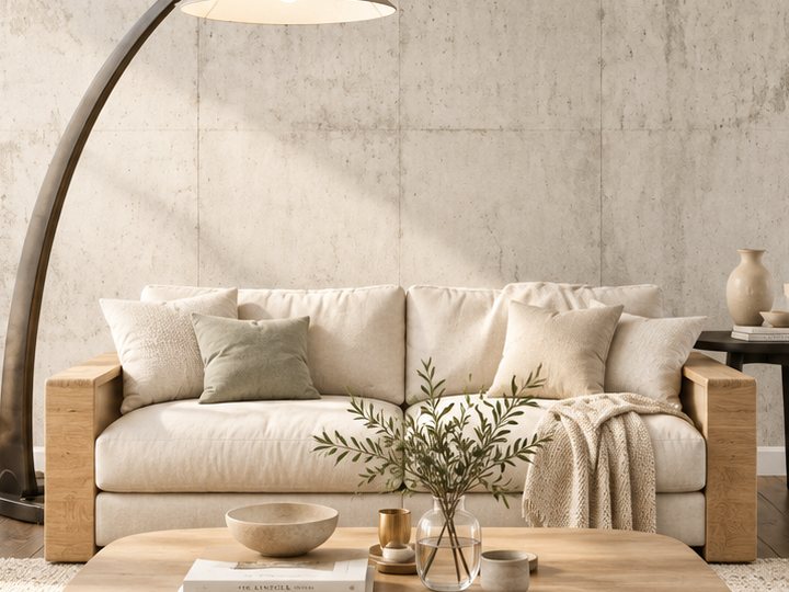 Linen sofa and oak coffee table in front of a plaster feature wall
