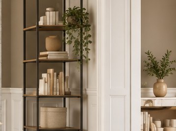 Open shelving with books and ceramics beside a paneled doorway